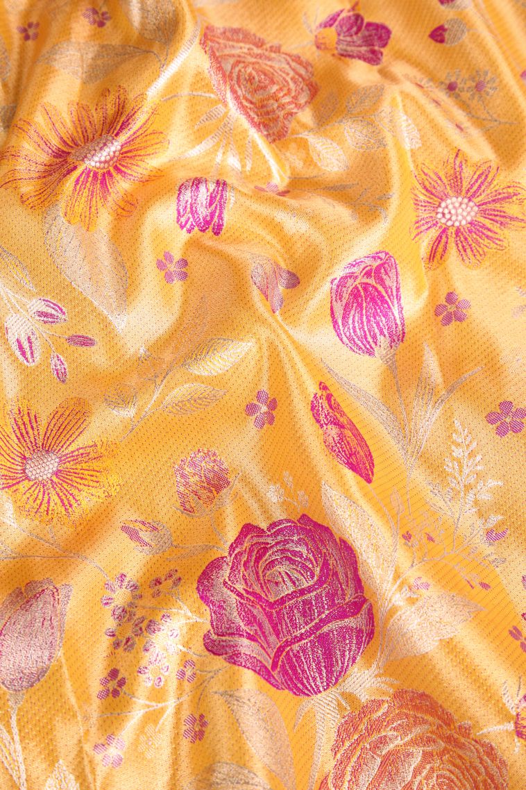 Merigold Orange Apoorva Silk Sarees Gold And Silver Zari with Floral Patterns view 4