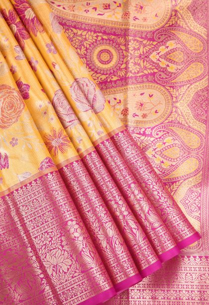 Merigold Orange Apoorva Silk Sarees Gold And Silver Zari with Floral Patterns