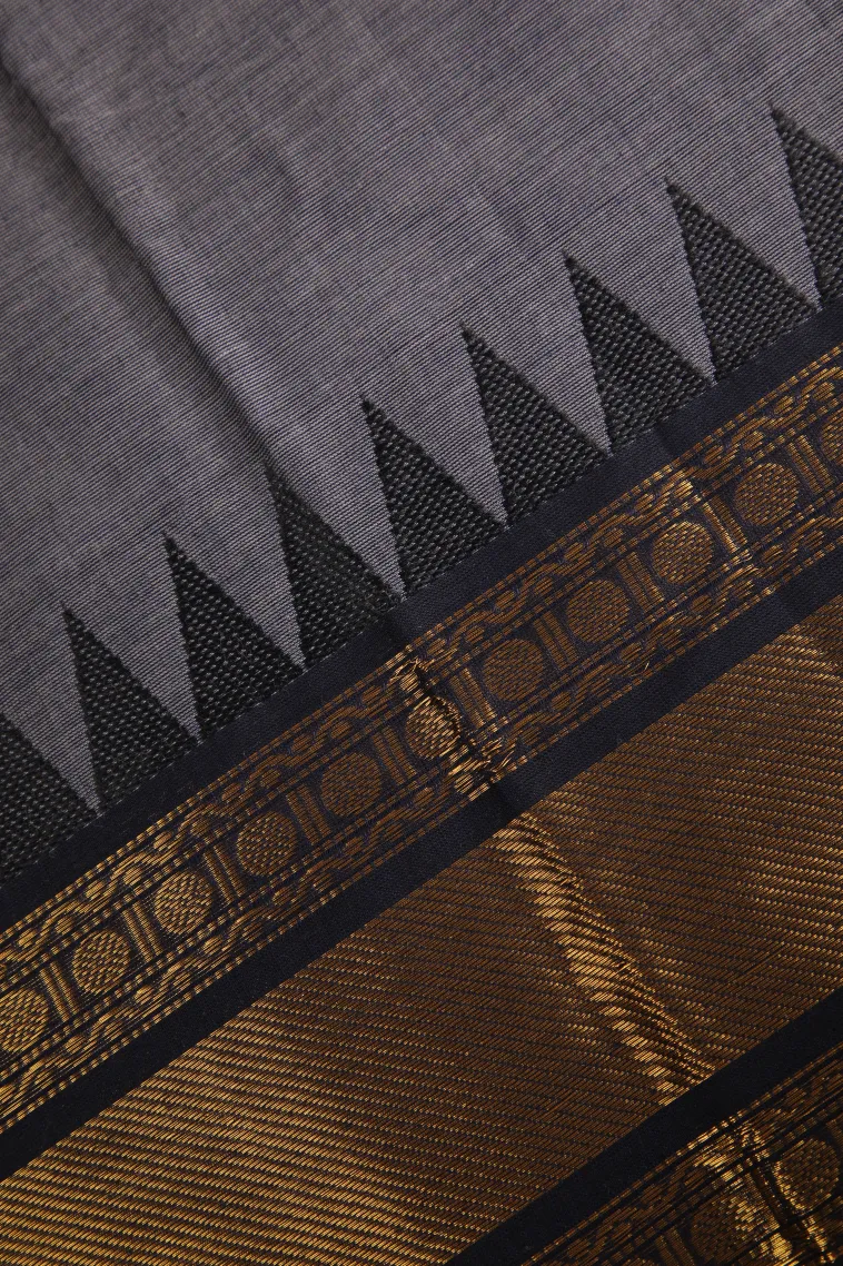 Gray Black Chettinad Cotton Sarees with Gold Zari Plain view 3