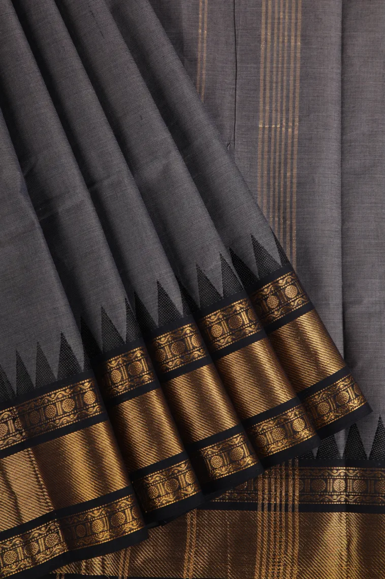 Gray Black Chettinad Cotton Sarees with Gold Zari Plain