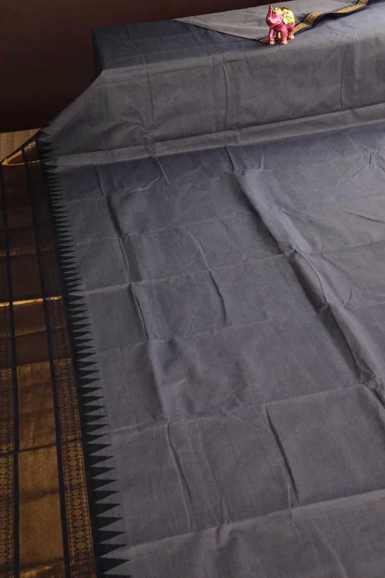 Gray Black Chettinad Cotton Sarees with Gold Zari Plain view 2