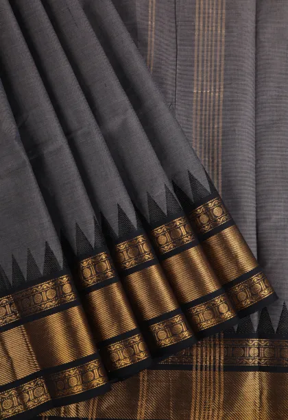 Gray Black Chettinad Cotton Sarees with Gold Zari Plain