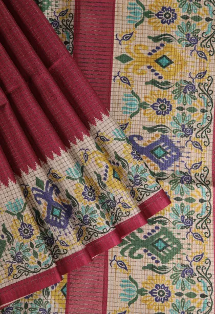 Rosewood Pink Tussar Saree Without Zari With Checks