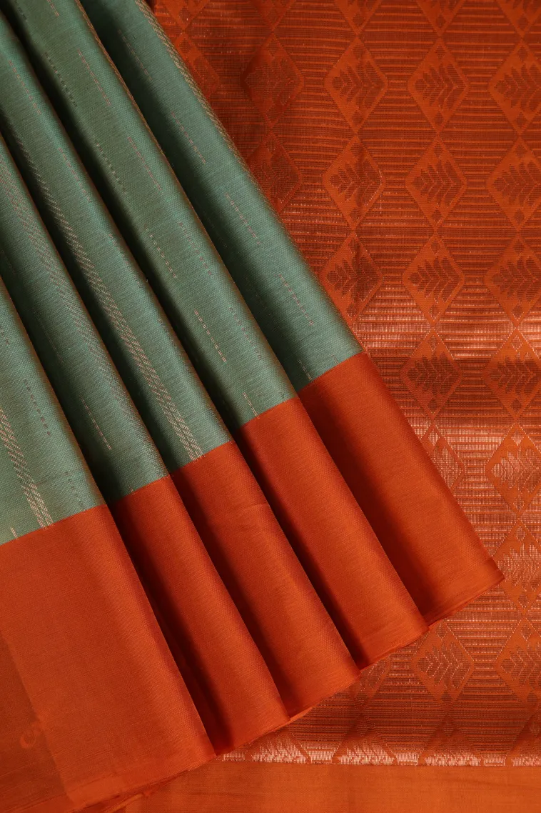 Pistachio Green Soft Silk Saree with Copper Zari Stripes