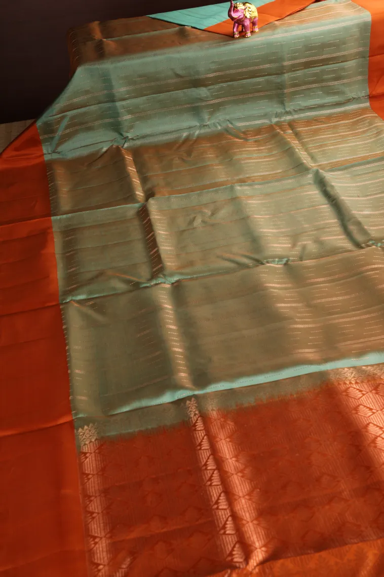 Pistachio Green Soft Silk Saree with Copper Zari Stripes view 2