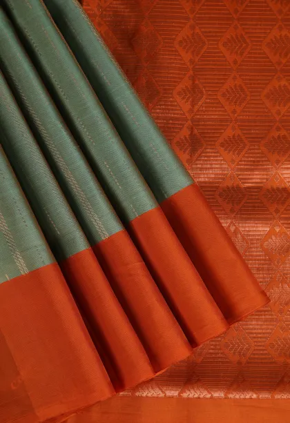 Pistachio Green Soft Silk Saree with Copper Zari Stripes
