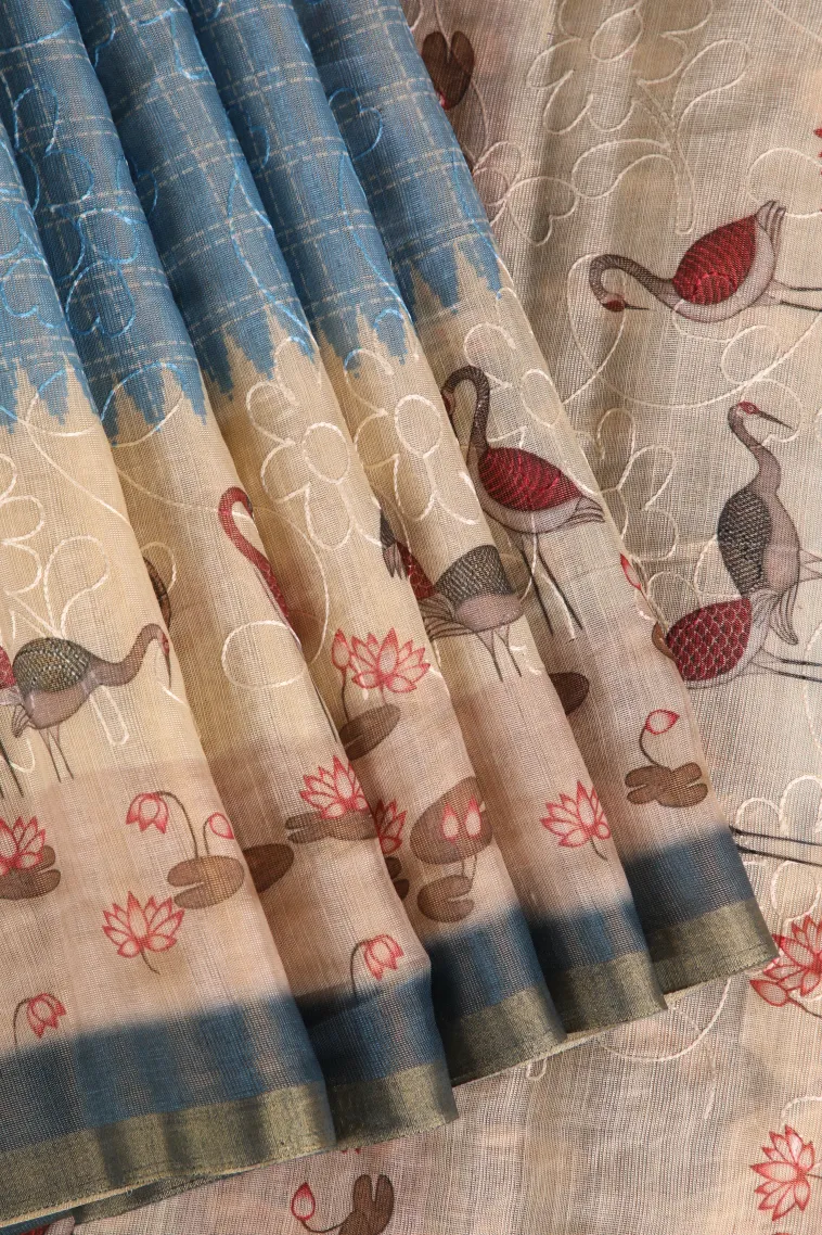 Cerulean Blue Linen Saree Without Zari With Embroidary view 1