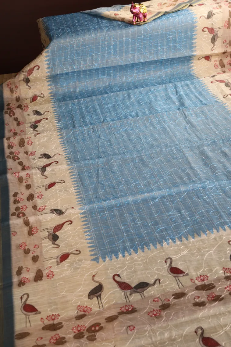 Cerulean Blue Linen Saree Without Zari With Embroidary view 2