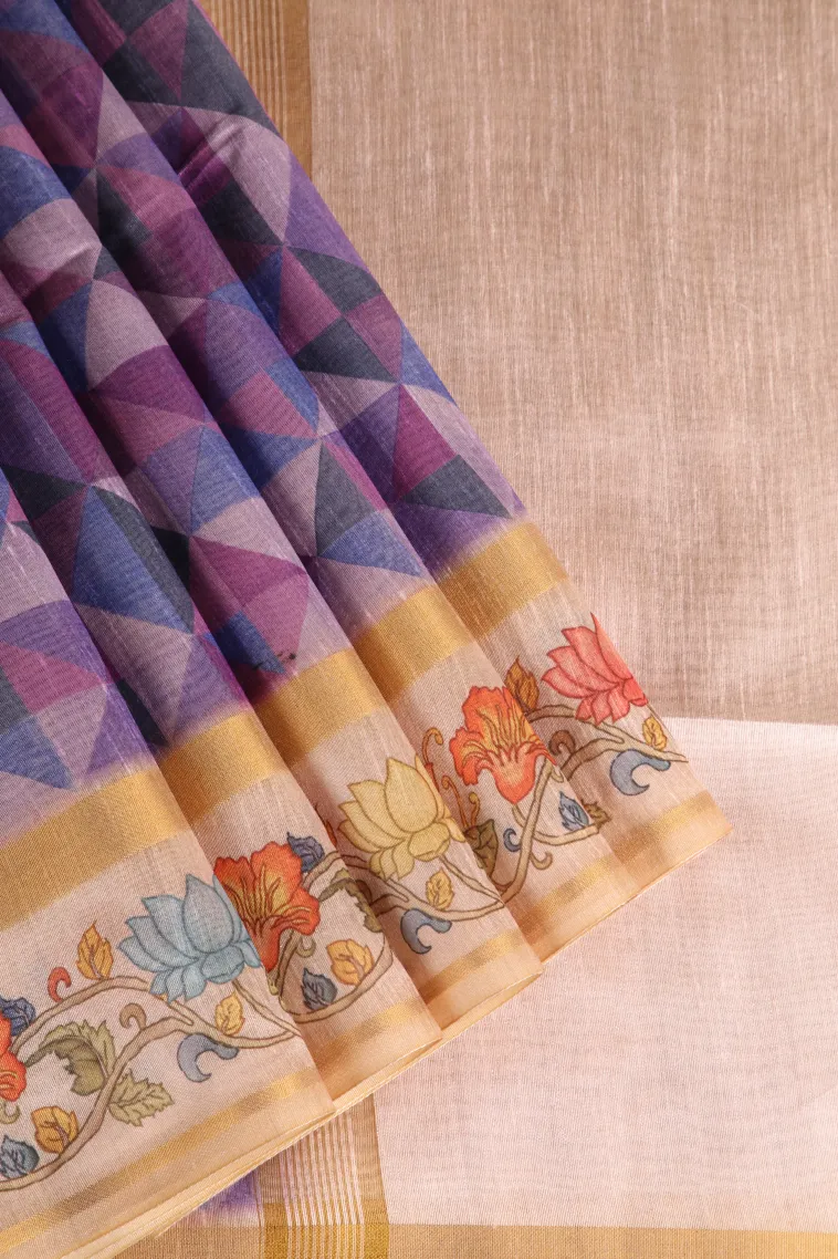 Lavender Purple Jute Sarees Without Zari With Geometric Shapes