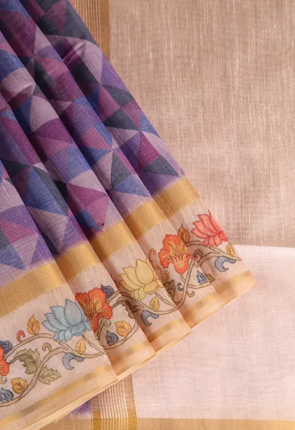 Lavender Purple Jute Sarees Without Zari With Geometric Shapes