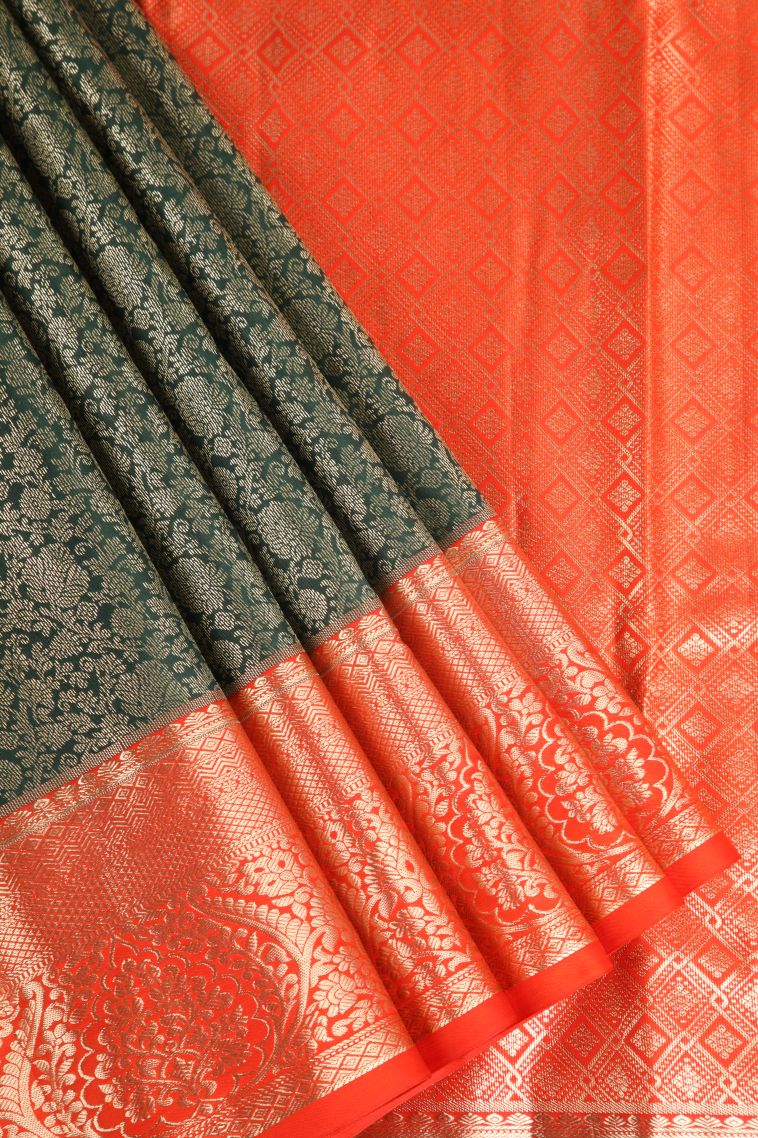 Bottle Green Apoorva Silk Sarees with Copper Zari Floral Patterns