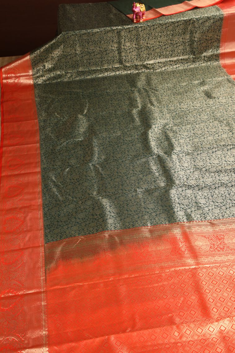 Bottle Green Apoorva Silk Sarees with Copper Zari Floral Patterns view 2