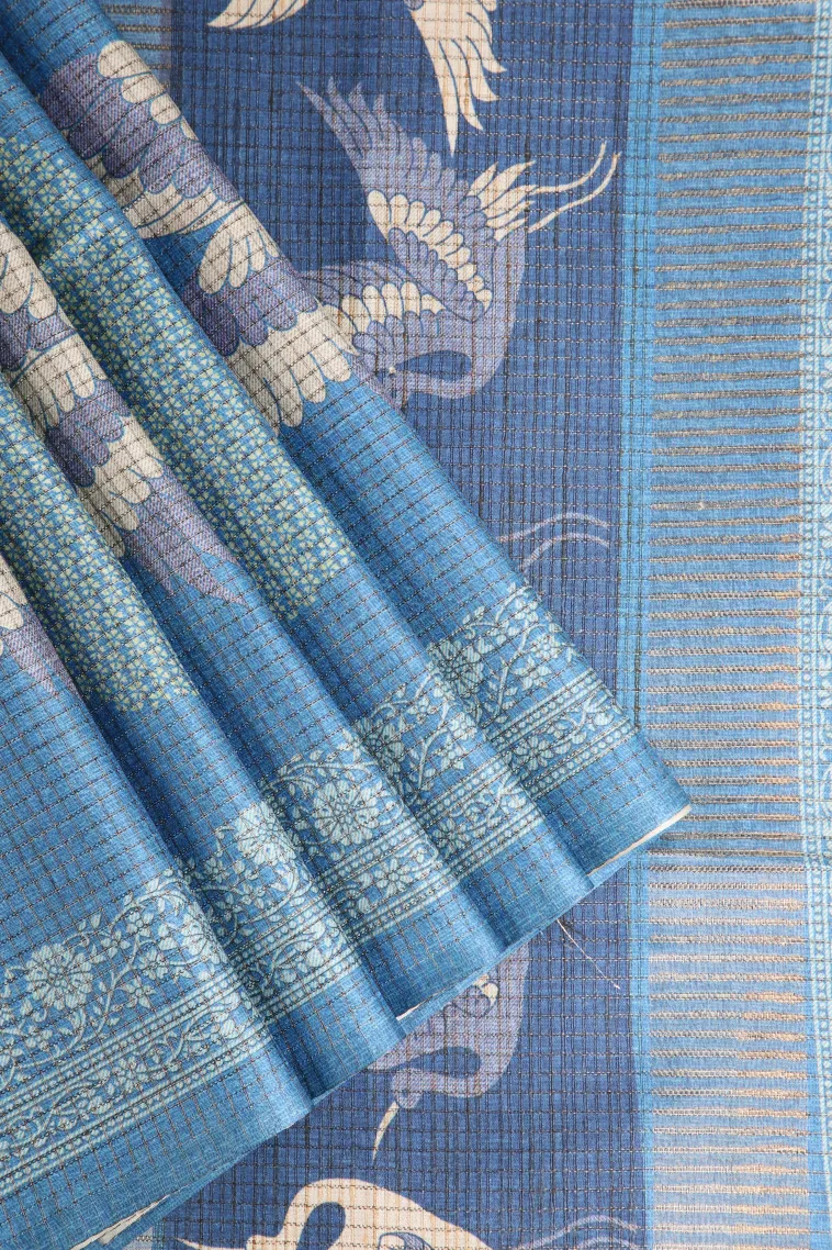 Cerulean Blue Tussar Saree Without Zari With Birds Mottif