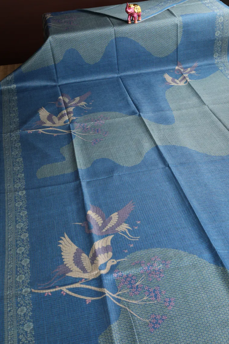 Cerulean Blue Tussar Saree Without Zari With Birds Mottif view 2