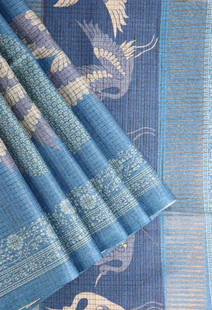 Cerulean Blue Tussar Saree Without Zari With Birds Mottif