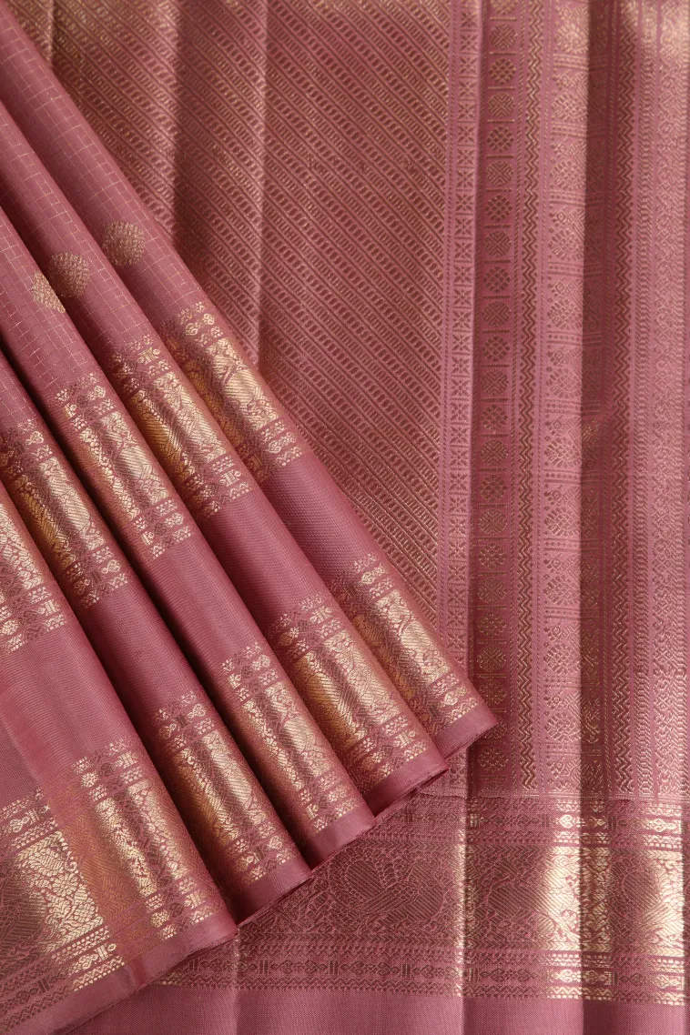 Salmon Pink Kanchipuram Silk Sarees with Gold Zari Checks And Puttas