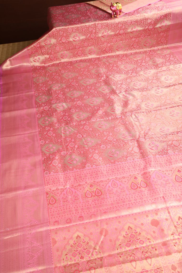 Lemonade Pink Apoorva Silk Sarees Gold And Silver Zari with Floral Patterns view 2