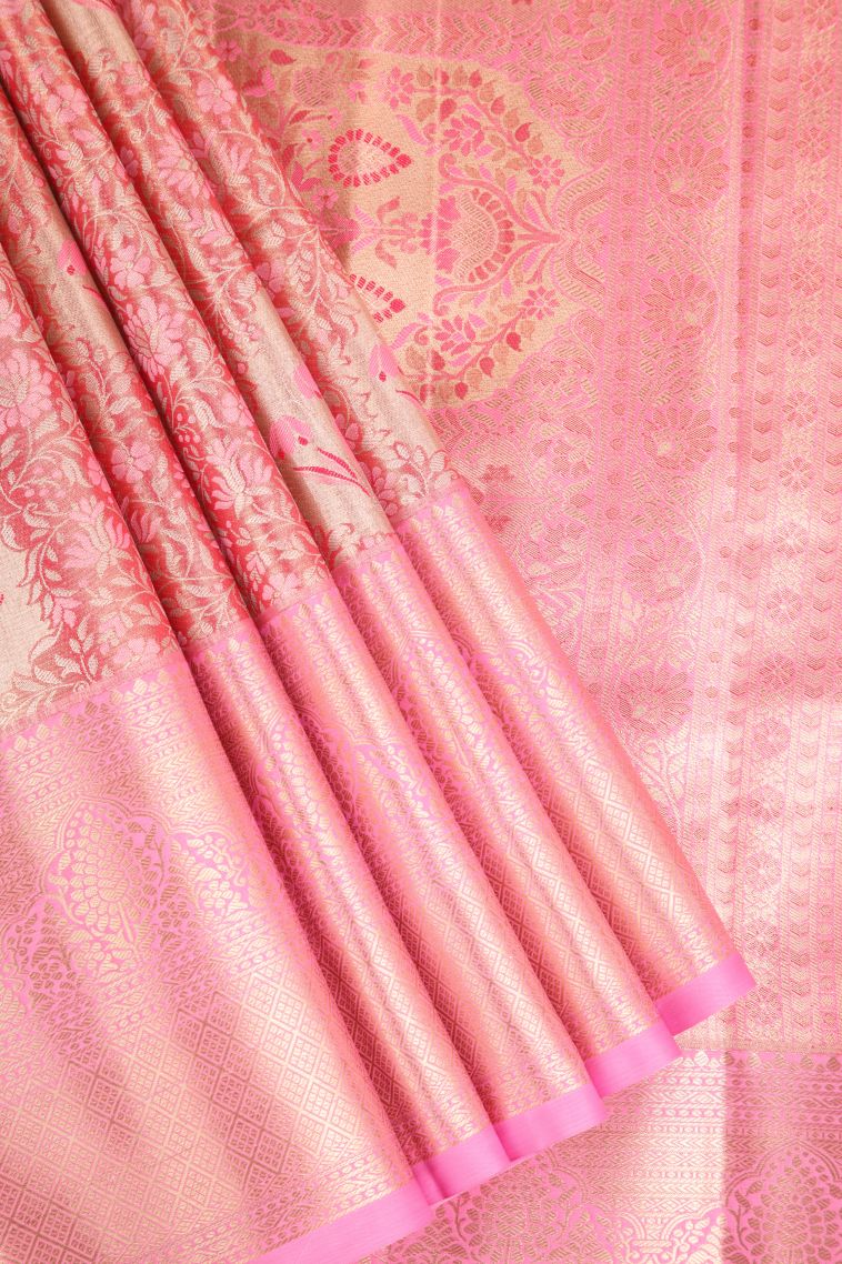 Lemonade Pink Apoorva Silk Sarees Gold And Silver Zari with Floral Patterns