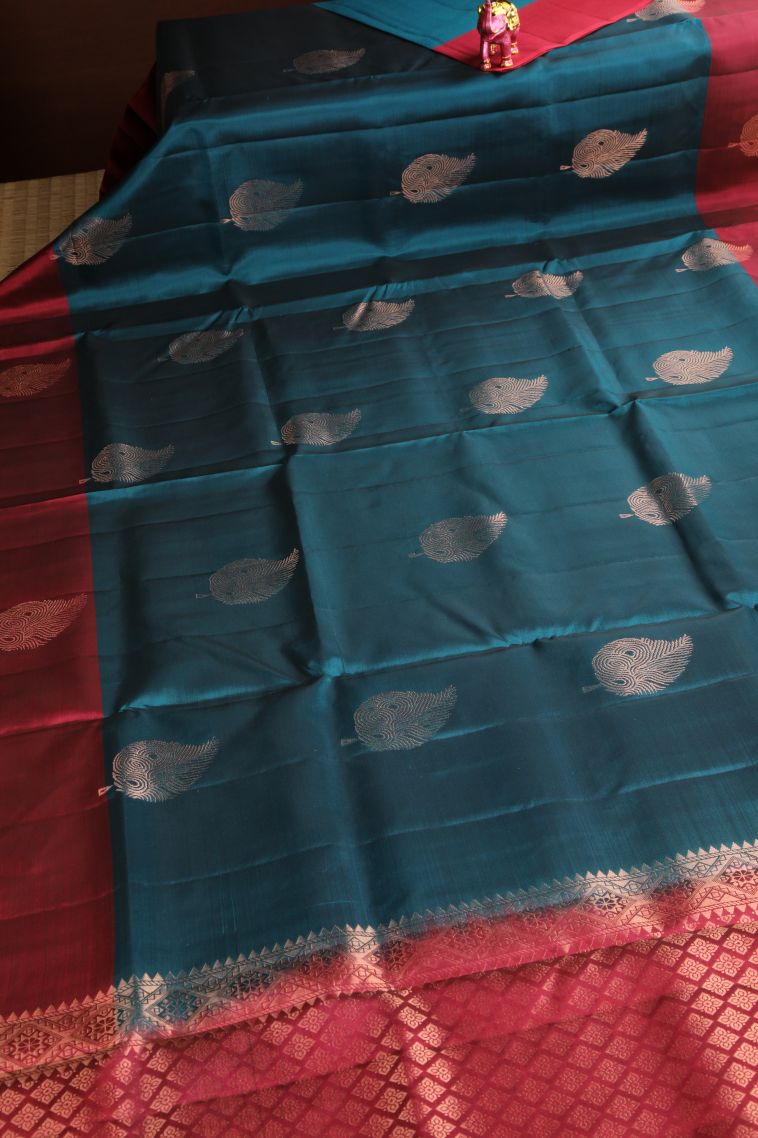 Aegean Blue Soft Silk Saree Copper Zari with Leaf Pattern view 2