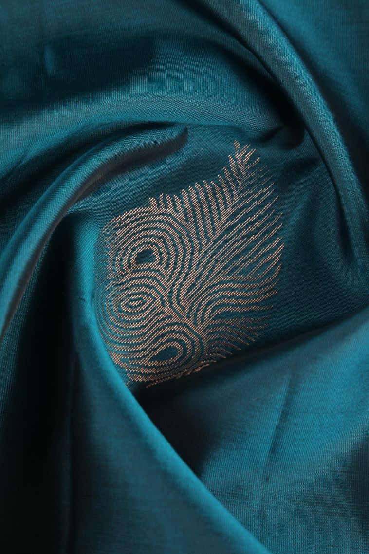 Aegean Blue Soft Silk Saree Copper Zari with Leaf Pattern view 4