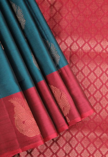 Aegean Blue Soft Silk Saree Copper Zari with Leaf Pattern