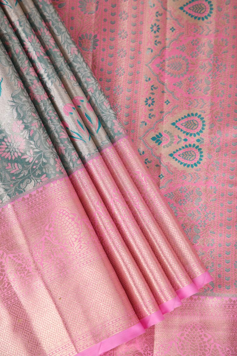 Sage Green Apoorva Silk Sarees with Copper Zari Floral Patterns