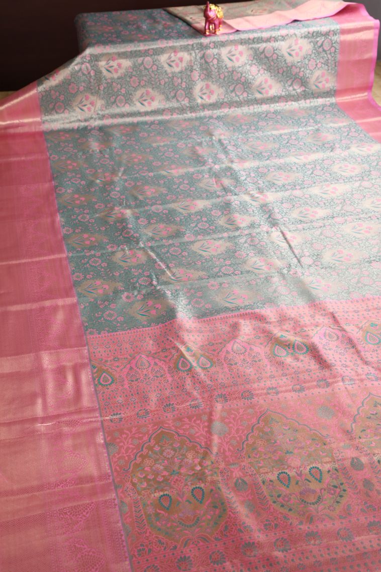 Sage Green Apoorva Silk Sarees with Copper Zari Floral Patterns view 2