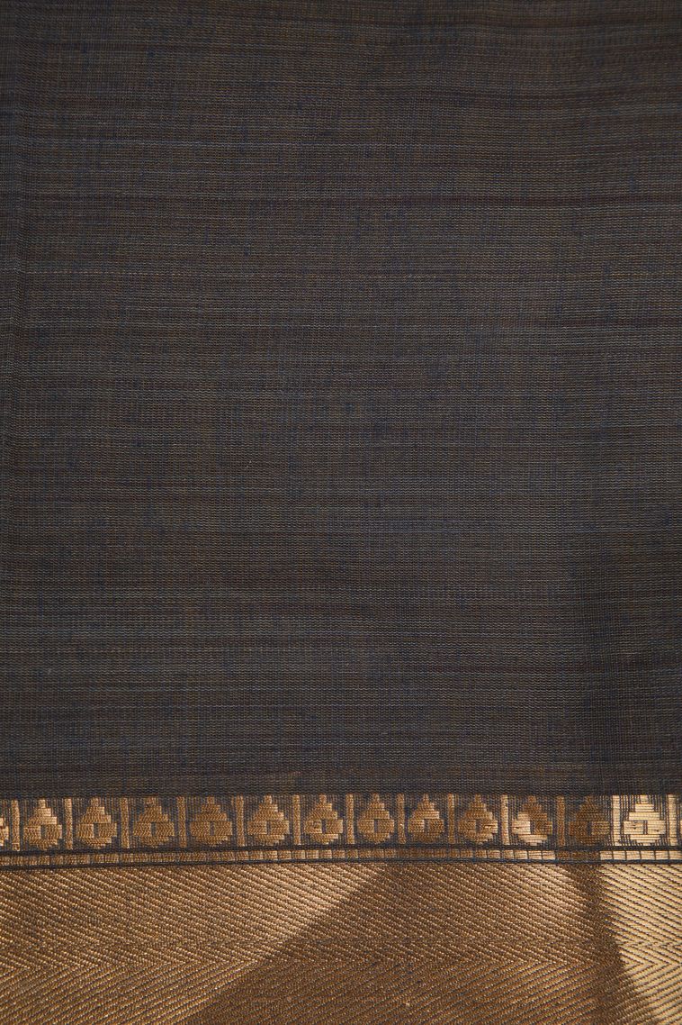 Damp Black Chanderi Cotton Sarees Gold Zari with Floral Puttas Embroidary view 3