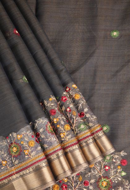 Damp Black Chanderi Cotton Sarees Gold Zari with Floral Puttas Embroidary