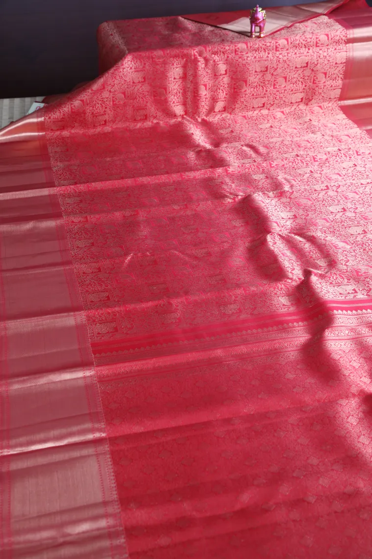 Strawberry Pink Kanchipuram Silk Sarees with Gold Zari Peacock And Animal view 2