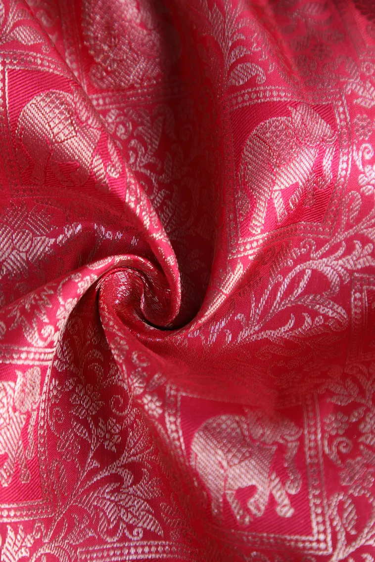Strawberry Pink Kanchipuram Silk Sarees with Gold Zari Peacock And Animal view 4