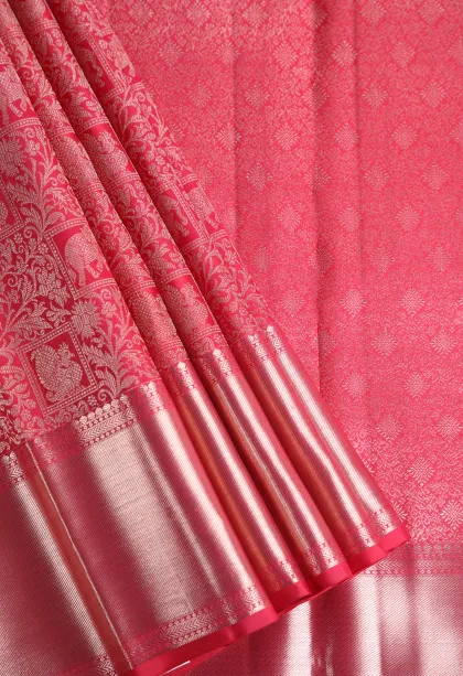 Strawberry Pink Kanchipuram Silk Sarees with Gold Zari Peacock And Animal