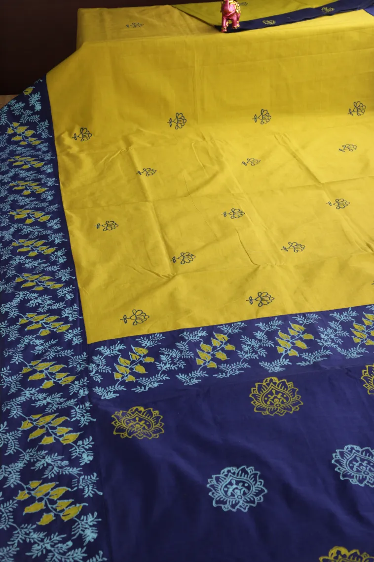 Lemon Yellow Poly Cotton Sarees Without Zari With Floral Puttas view 2