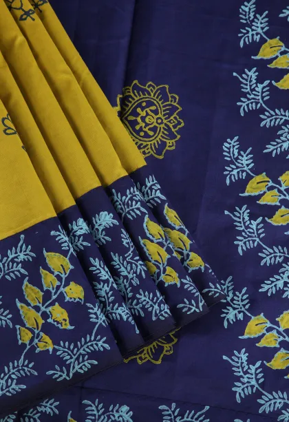Lemon Yellow Poly Cotton Sarees Without Zari With Floral Puttas