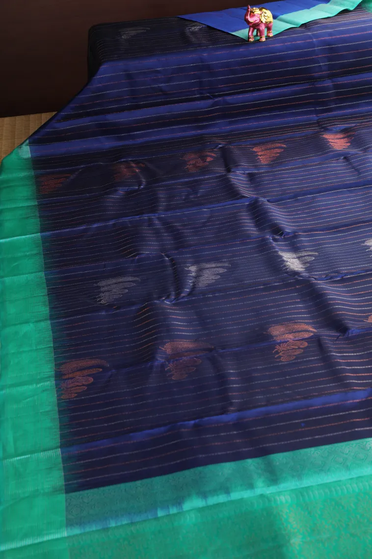 Navy Blue Soft Silk Saree with Copper And Silver Zari Straipes And Puttas view 2