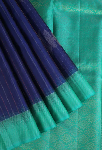 Navy Blue Soft Silk Saree with Copper And Silver Zari Straipes And Puttas