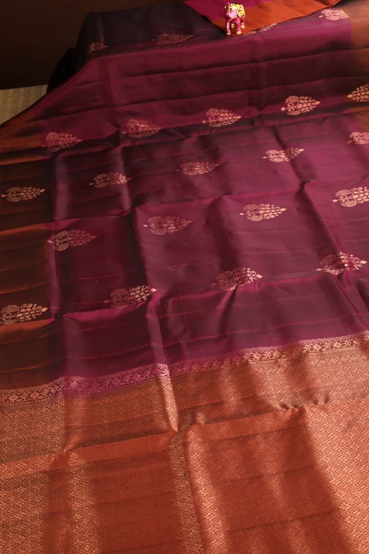 Apple Red Soft Silk Saree Copper Zari with Floral Patterns view 2