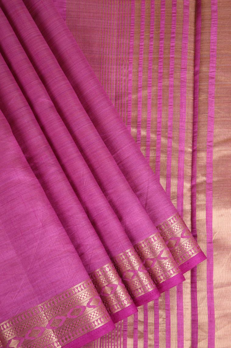 Fuscia Pink Raw Silk Sarees Gold Zari with Plain