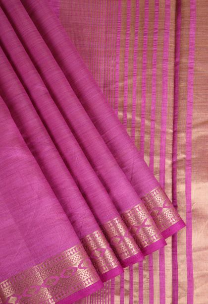 Fuscia Pink Raw Silk Sarees Gold Zari with Plain