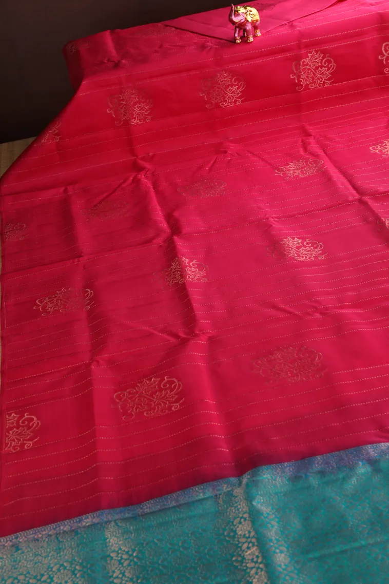Punch Pink Soft Silk Saree with Copper Zari Straipes And Puttas view 2