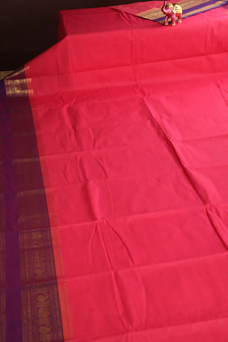 Punch Pink Chettinad Cotton Sarees with Gold Zari Plain view 2