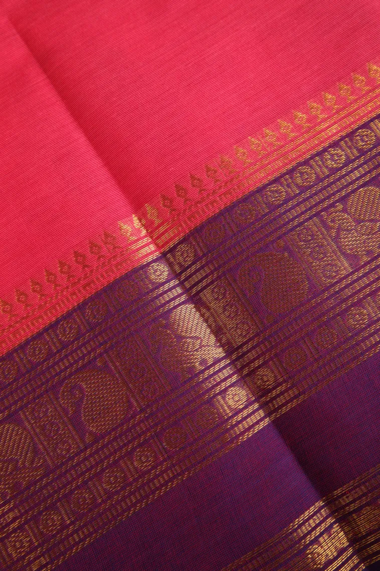 Punch Pink Chettinad Cotton Sarees with Gold Zari Plain view 3