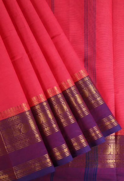 Punch Pink Chettinad Cotton Sarees with Gold Zari Plain