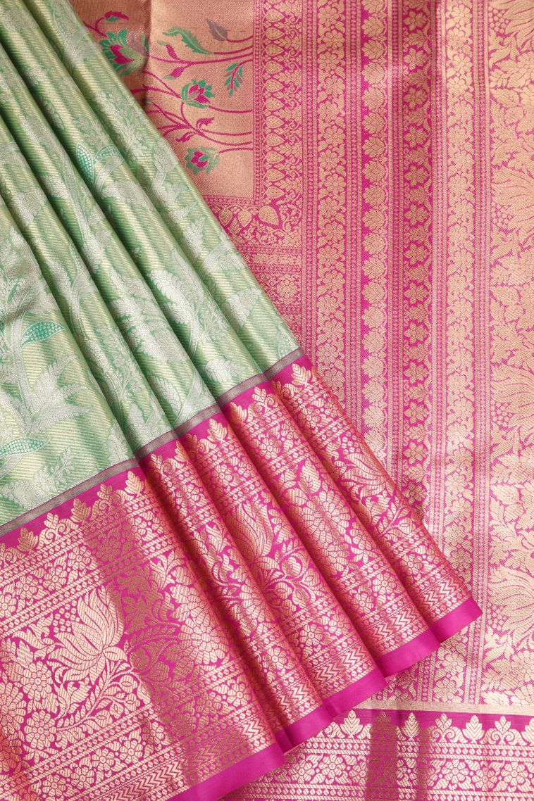 Mint Green Apoorva Silk Sarees Gold And Silver Zari with Leaf Pattern