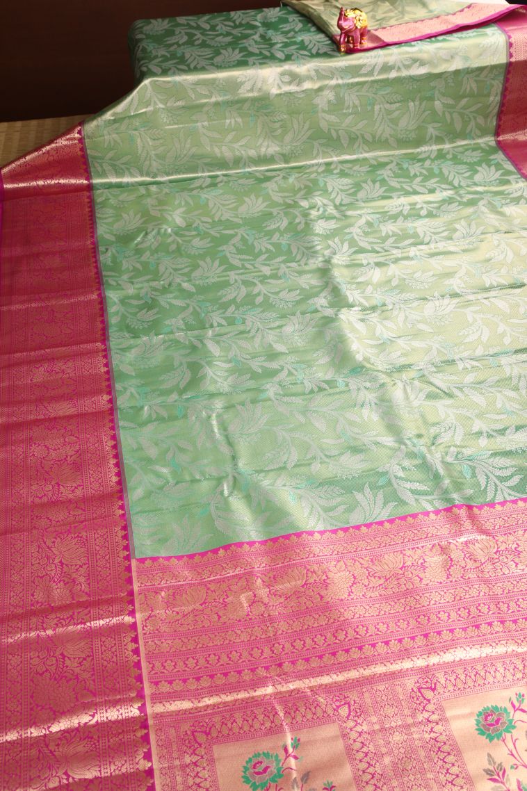 Mint Green Apoorva Silk Sarees Gold And Silver Zari with Leaf Pattern view 2