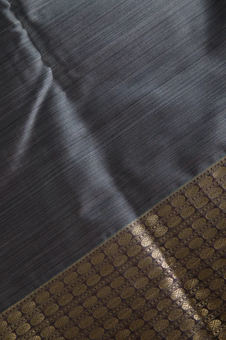 Slate Blue Soft Silk Sarees with Bronze Zari Floral Patterns view 3