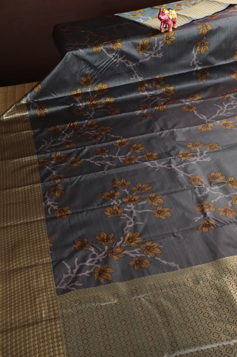 Slate Blue Soft Silk Sarees with Bronze Zari Floral Patterns view 2