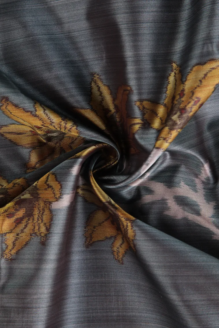 Slate Blue Soft Silk Sarees with Bronze Zari Floral Patterns view 4
