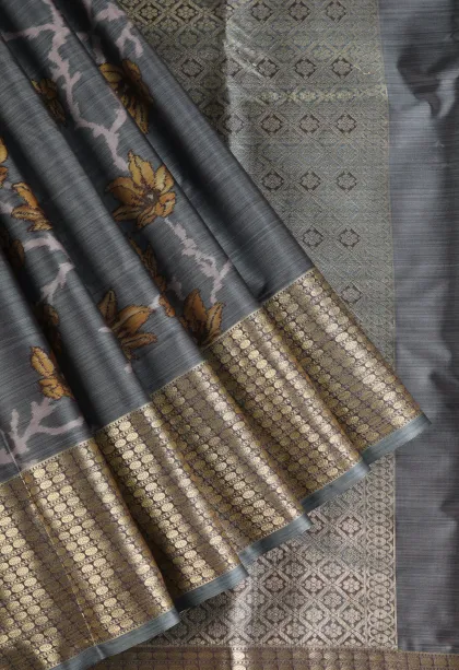 Slate Blue Soft Silk Sarees with Bronze Zari Floral Patterns