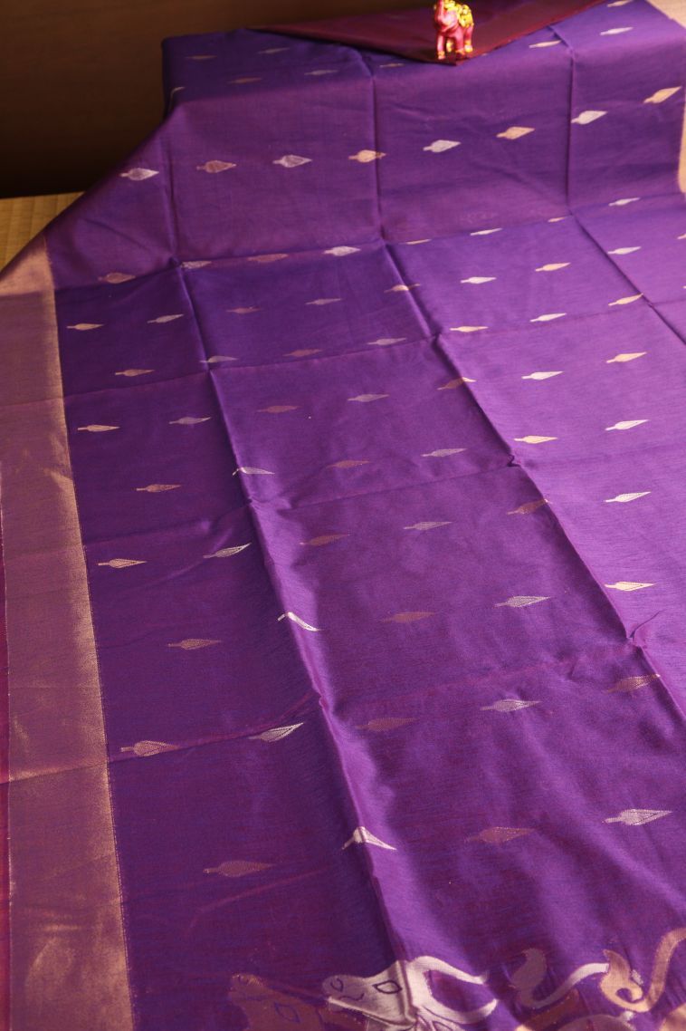 Magenta Purple Raw Silk Sarees with Copper Zari Puttas view 2